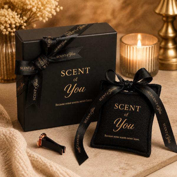 HOME Oud & Vanilla luxury fragrance sachet by Scent of You in a warm living room