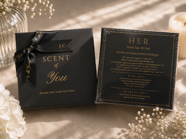 A black gift box and an inner card for 'SC Scent of You' velvet rose & oud fragrance, styled on a beige fabric with white flowers and soft sunlight.