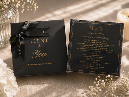 A black gift box and an inner card for 'SC Scent of You' velvet rose & oud fragrance, styled on a beige fabric with white flowers and soft sunlight.