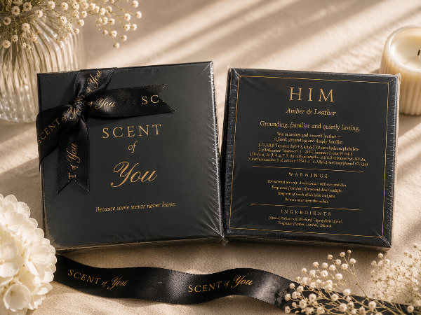 HIM Amber & Leather fragrance sachet gift box, front and back view