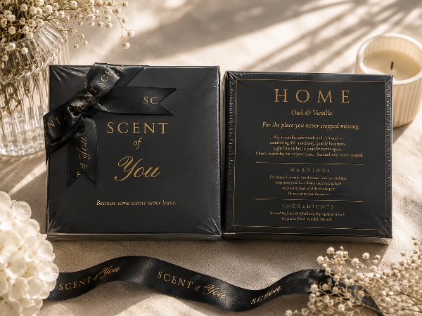 Two black rectangular boxes for SCENT of You home fragrance products arranged on a beige fabric surface with dried flowers and a candle. The left box is sealed with a black ribbon printed with the brand name, and the right box shows the front and back design with gold lettering reading HOME and Scent of You.
