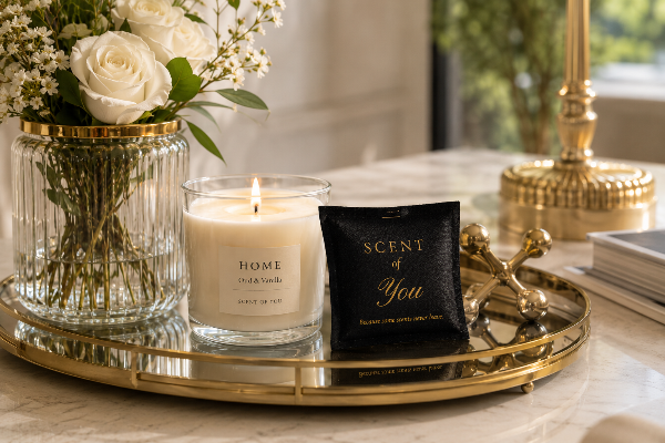 A lit scented candle in a clear glass jar sits on a mirrored gold tray beside a black sachet labeled 'SCENT of You' and a glass vase of white roses, in a softly lit interior setting.