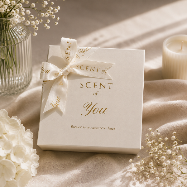 A white gift box tied with a cream satin ribbon printed with 'SCENT of You' in gold lettering, styled on draped cream fabric with white flowers and a candle in the background.