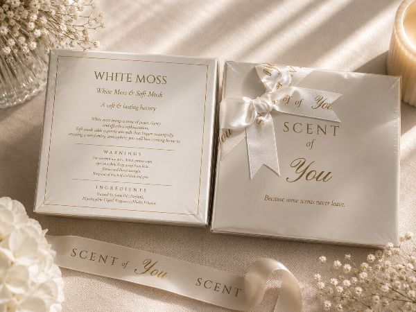 A boxed fragrance gift set with two cream-colored boxes, one labeled 'WHITE MOSS' and the other 'SCENT of You,' tied with a white ribbon, styled with baby's breath flowers and soft warm lighting.