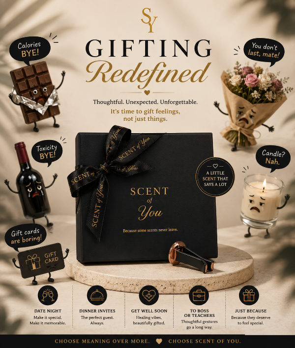 A promotional graphic for a gift set featuring a black box labeled 'SCENT of You' with a black ribbon, surrounded by illustrated gift-themed props including a chocolate bar, wine bottle, candle, flowers, and gift cards on a beige background with the headline 'GIFTING Redefined'.