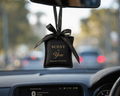 Car air freshener hanging from a car's rearview mirror with a blurred street background.