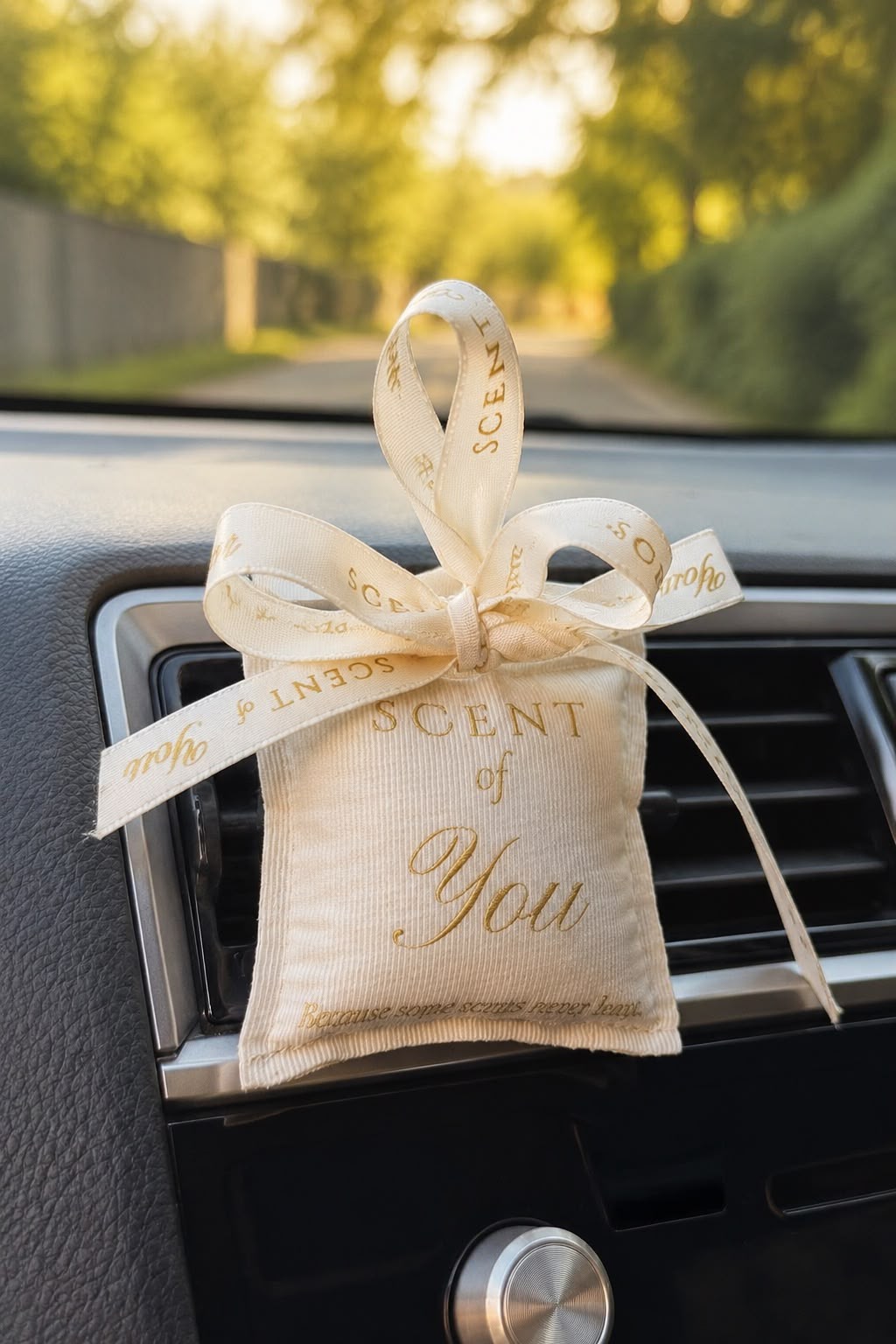 The cream fragrance sachet clipped to a car air vent