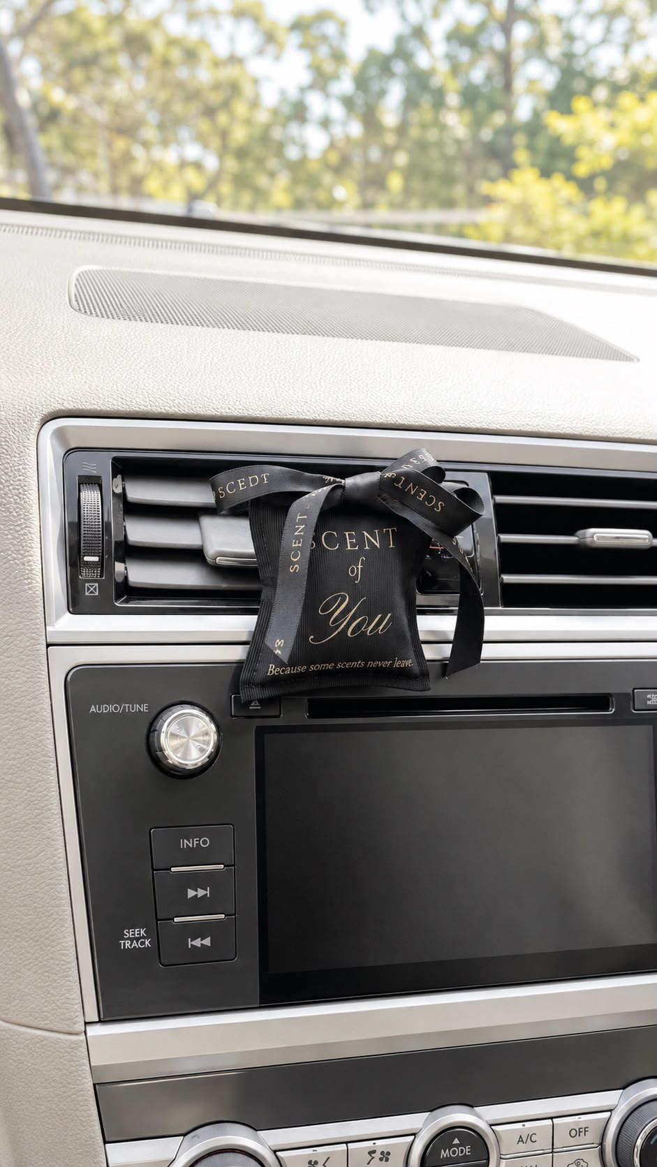 The black fragrance sachet clipped to a car air vent, seen from the driver's seat