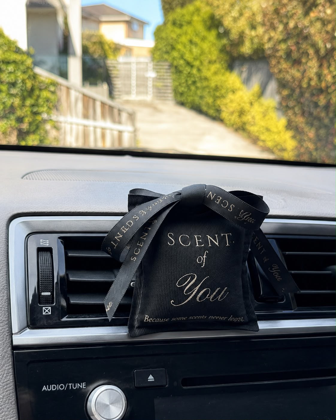 The black fragrance sachet clipped to a car air vent