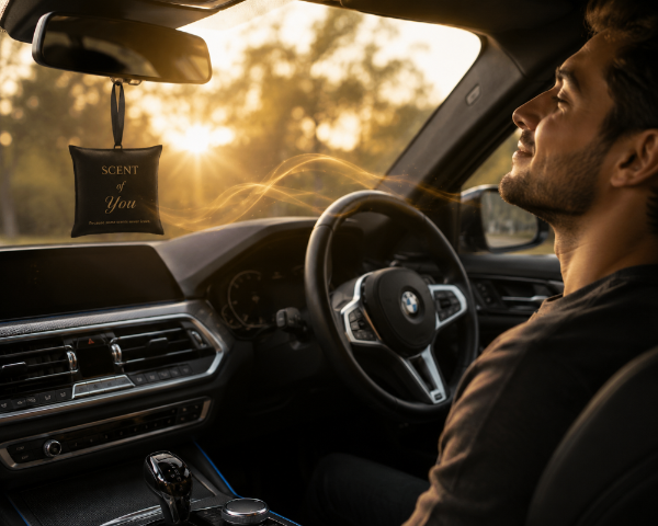 Man enjoying HIM Amber & Leather car fragrance sachet on a drive