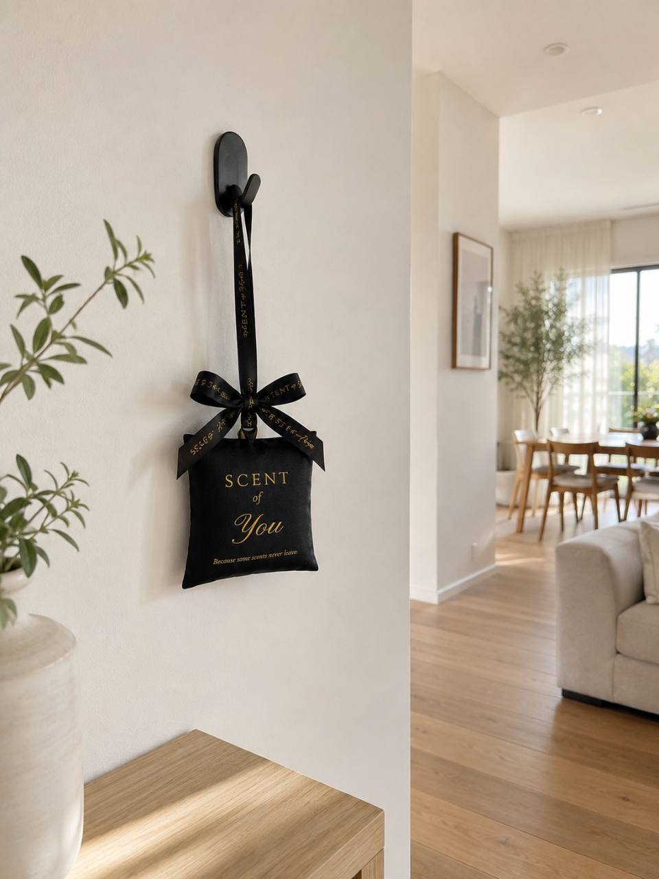 Black SCENT of You fragrance sachet hanging by its ribbon in a bright Australian home