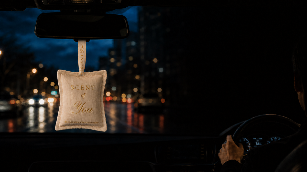 Ivory SCENT of You fragrance sachet hanging from behind the mirror in a right-hand-drive Australian car at blue hour